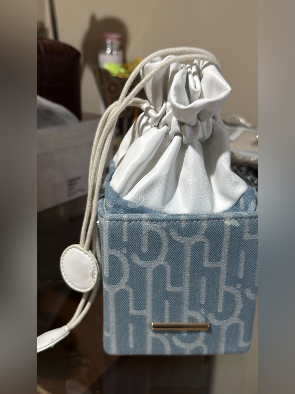 White Drawstring Top Blue Patterned Women’s Bucket Bag